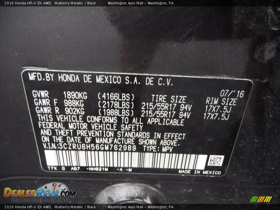 2016 Honda HR-V EX AWD Mulberry Metallic / Black Photo #24