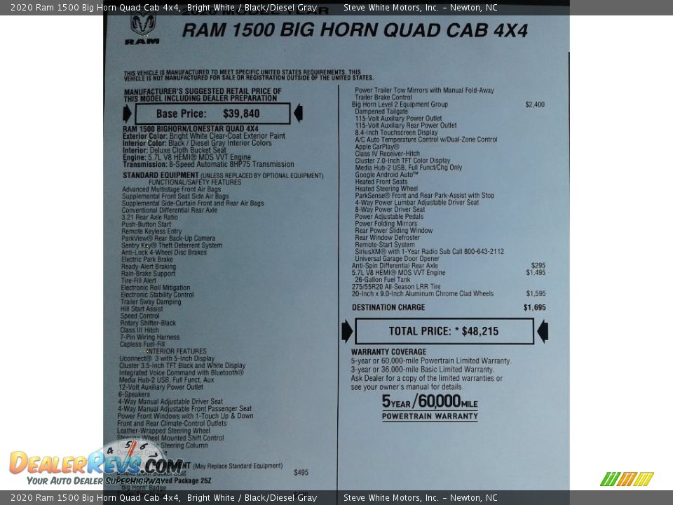 2020 Ram 1500 Big Horn Quad Cab 4x4 Bright White / Black/Diesel Gray Photo #34