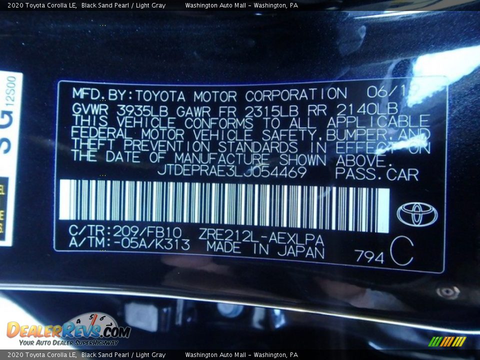 2020 Toyota Corolla LE Black Sand Pearl / Light Gray Photo #15