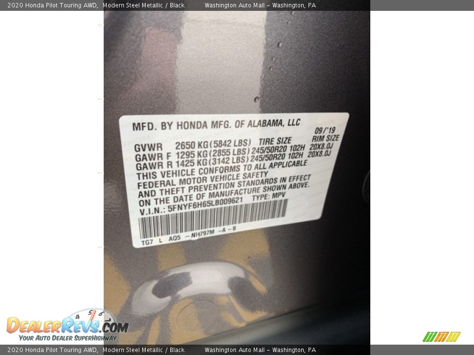 2020 Honda Pilot Touring AWD Modern Steel Metallic / Black Photo #7