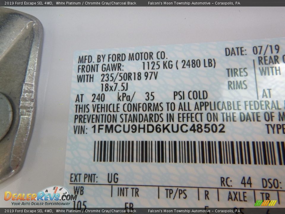 2019 Ford Escape SEL 4WD White Platinum / Chromite Gray/Charcoal Black Photo #12
