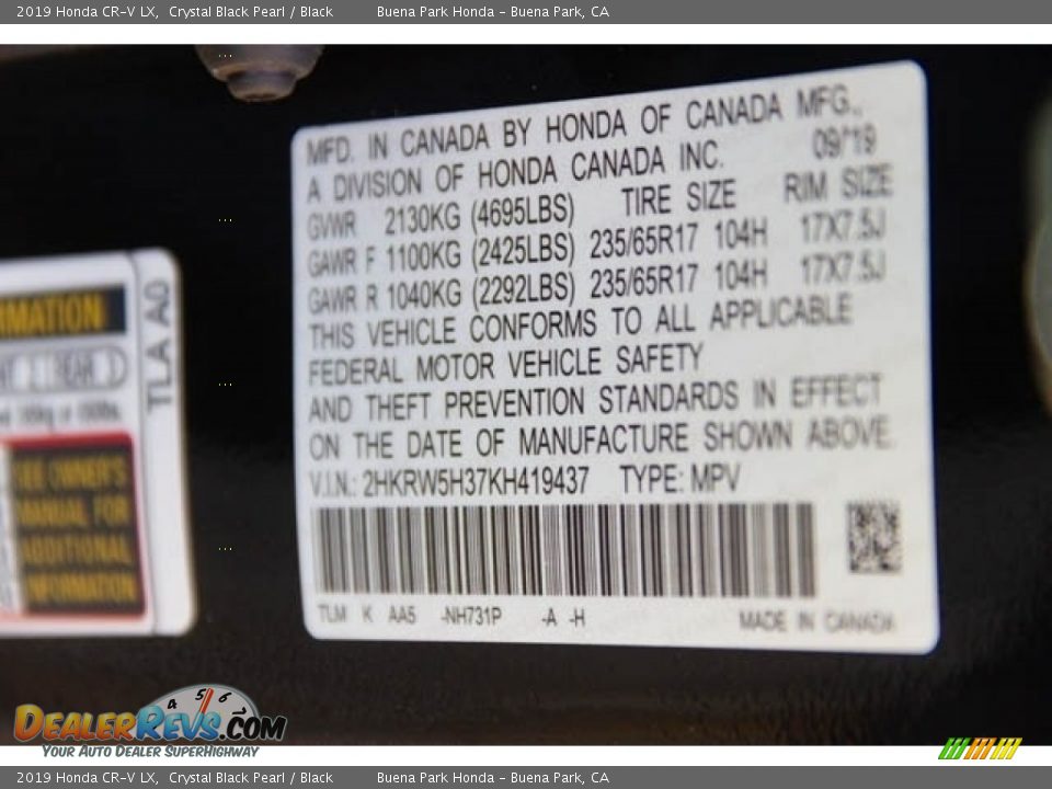 2019 Honda CR-V LX Crystal Black Pearl / Black Photo #27