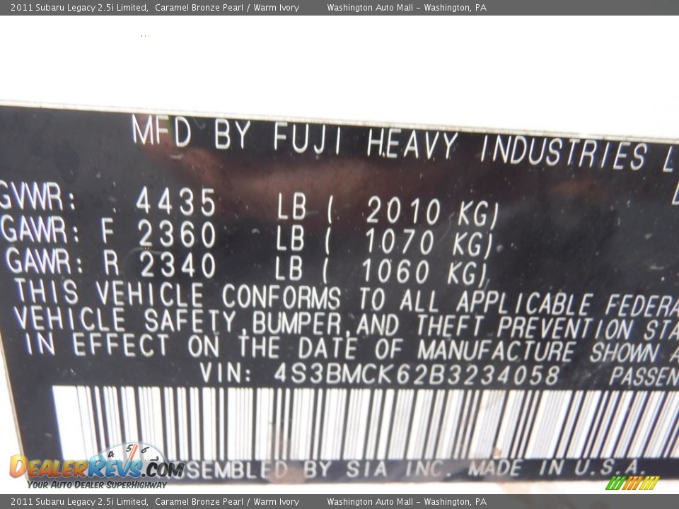 2011 Subaru Legacy 2.5i Limited Caramel Bronze Pearl / Warm Ivory Photo #26