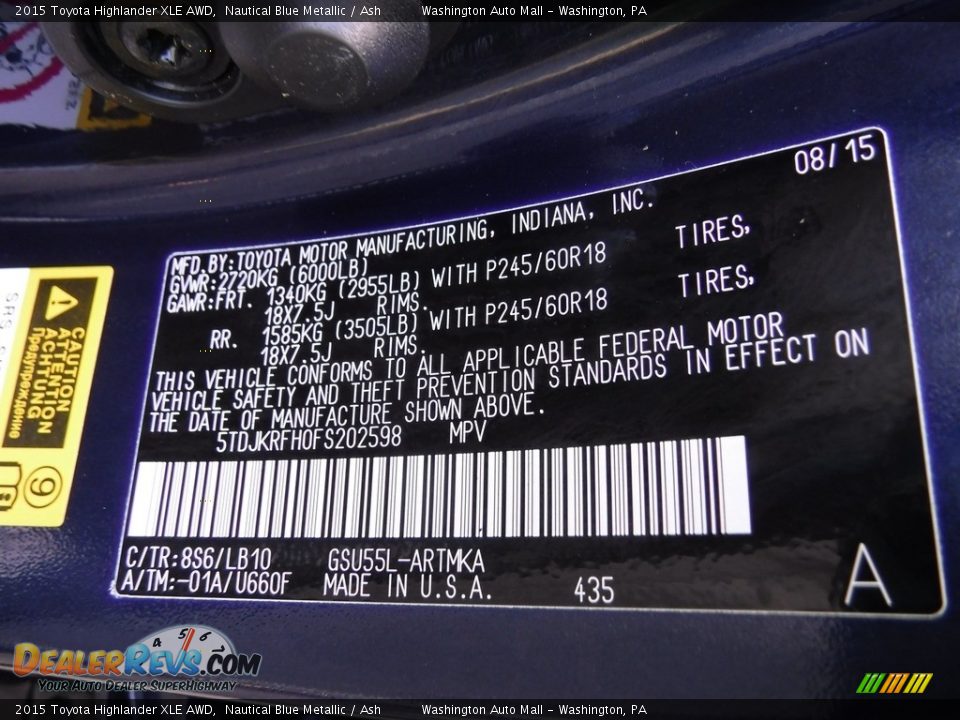 2015 Toyota Highlander XLE AWD Nautical Blue Metallic / Ash Photo #33