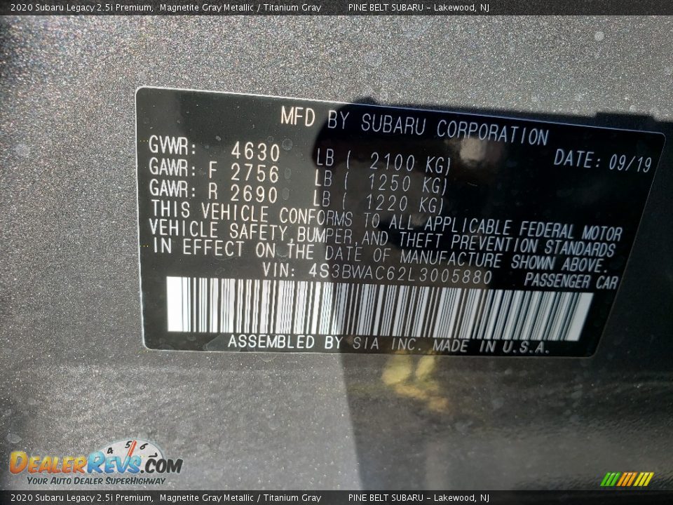 2020 Subaru Legacy 2.5i Premium Magnetite Gray Metallic / Titanium Gray Photo #10