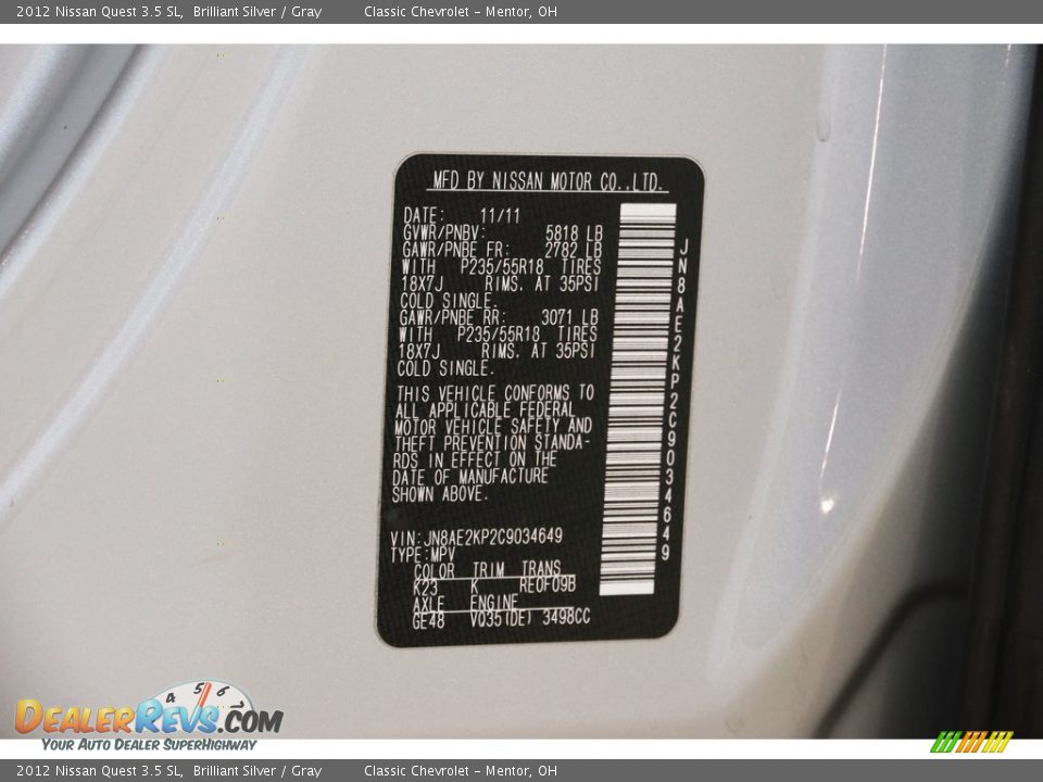 2012 Nissan Quest 3.5 SL Brilliant Silver / Gray Photo #25