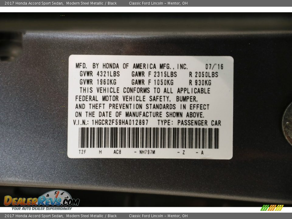 2017 Honda Accord Sport Sedan Modern Steel Metallic / Black Photo #20