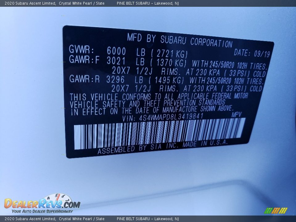 2020 Subaru Ascent Limited Crystal White Pearl / Slate Photo #10