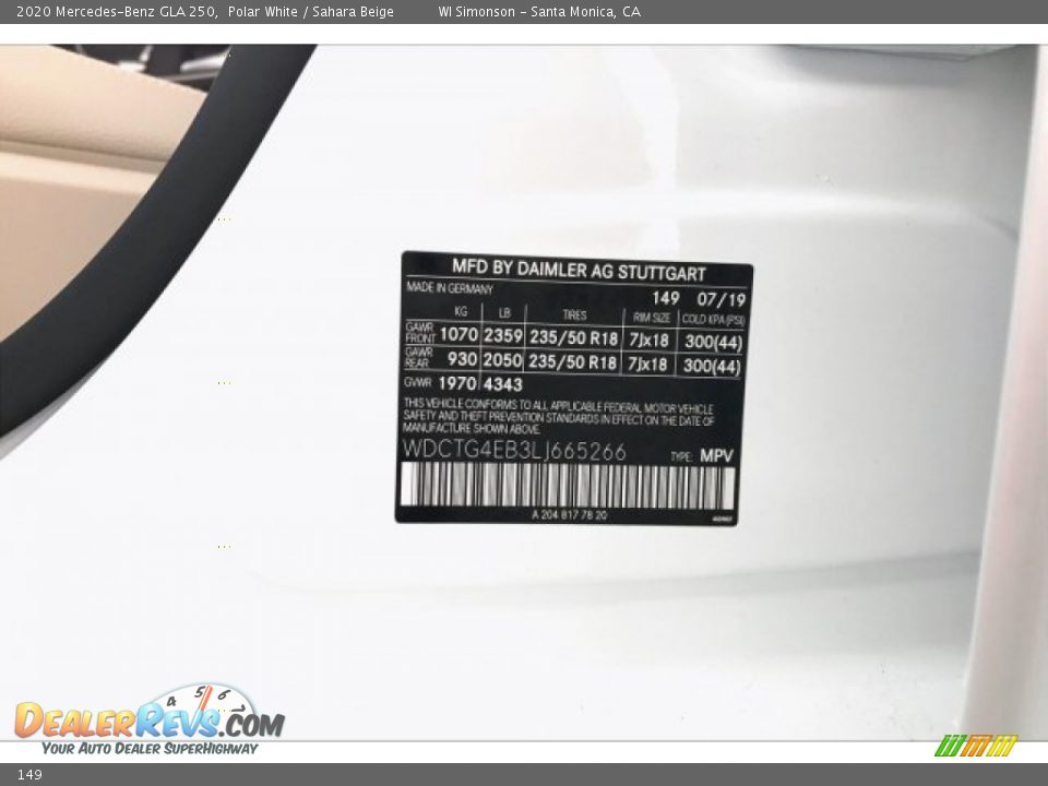 Mercedes-Benz Color Code 149 Polar White