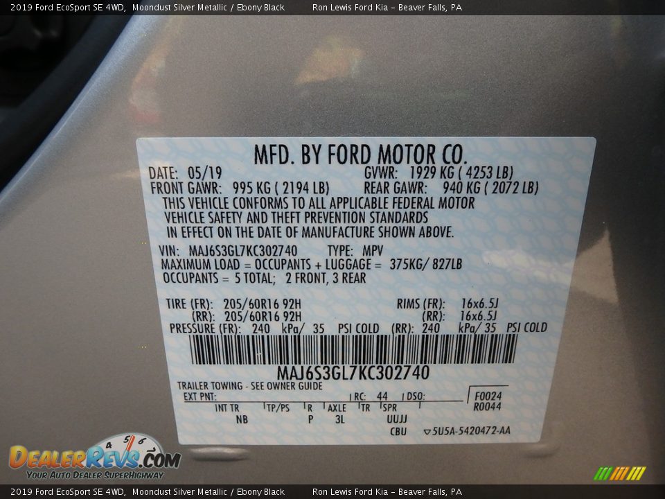 2019 Ford EcoSport SE 4WD Moondust Silver Metallic / Ebony Black Photo #12