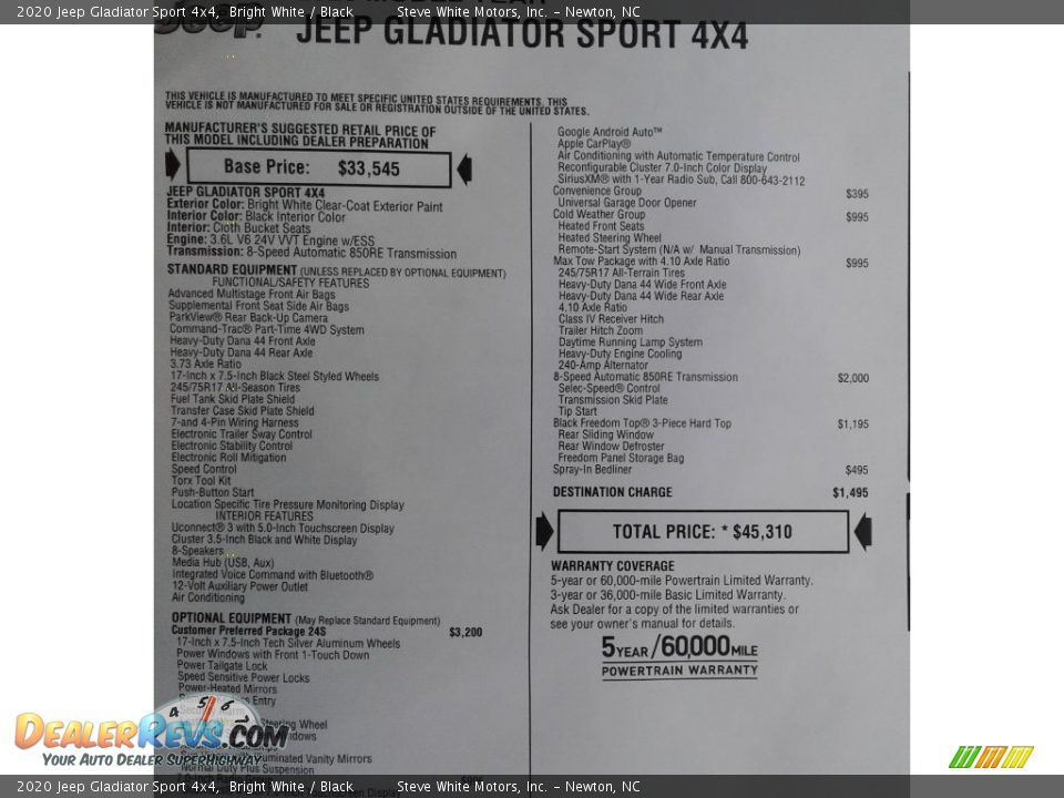 2020 Jeep Gladiator Sport 4x4 Bright White / Black Photo #31