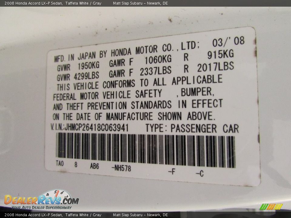 2008 Honda Accord LX-P Sedan Taffeta White / Gray Photo #29