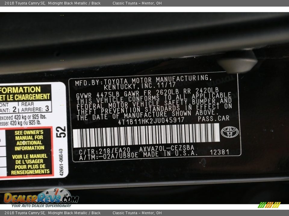 2018 Toyota Camry SE Midnight Black Metallic / Black Photo #17