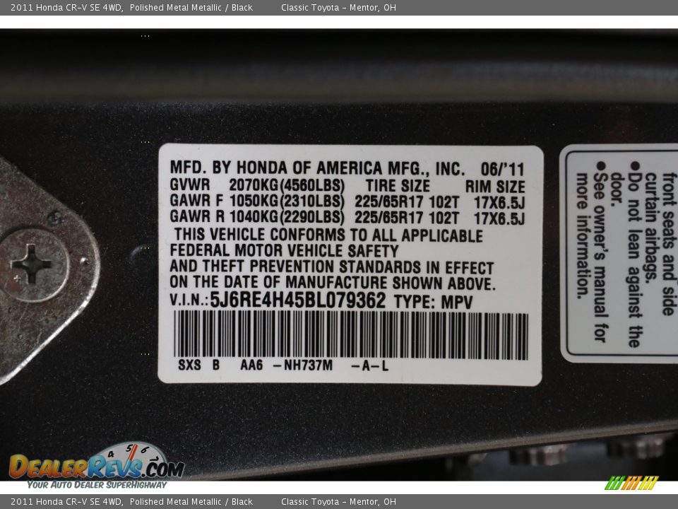 2011 Honda CR-V SE 4WD Polished Metal Metallic / Black Photo #16