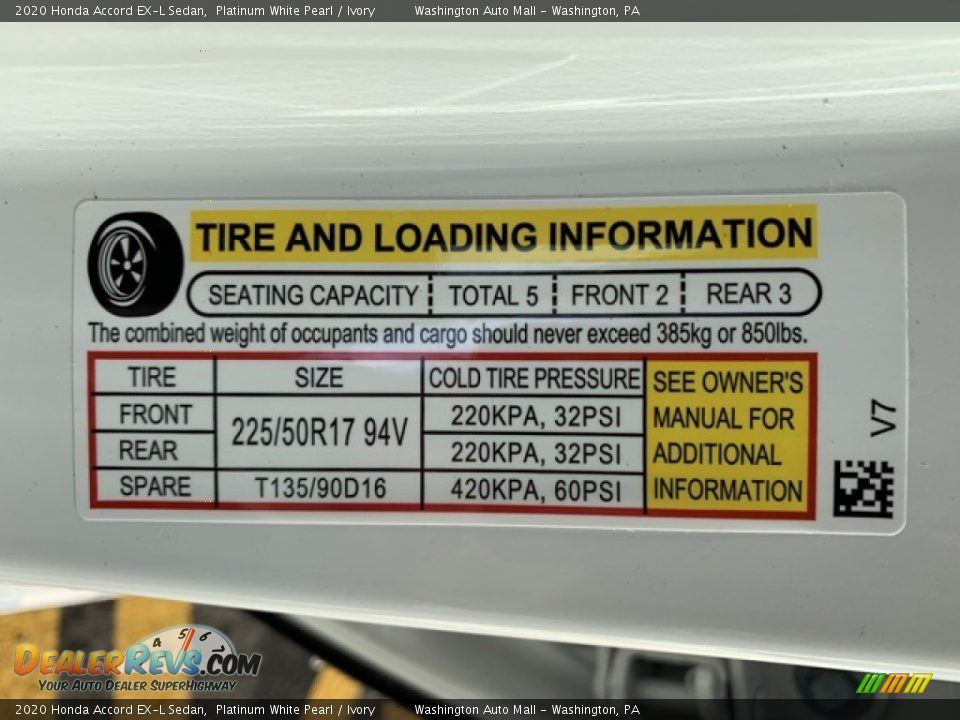 Info Tag of 2020 Honda Accord EX-L Sedan Photo #8