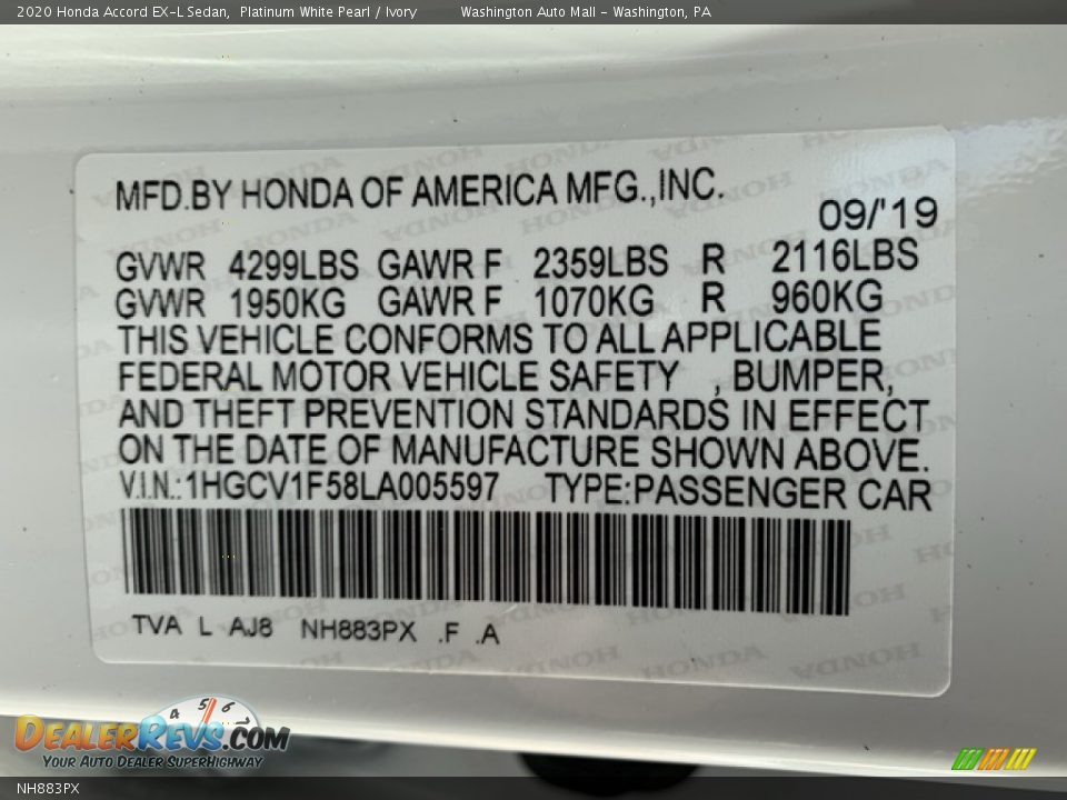Honda Color Code NH883PX Platinum White Pearl