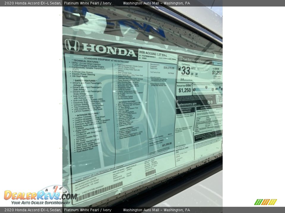 2020 Honda Accord EX-L Sedan Platinum White Pearl / Ivory Photo #15