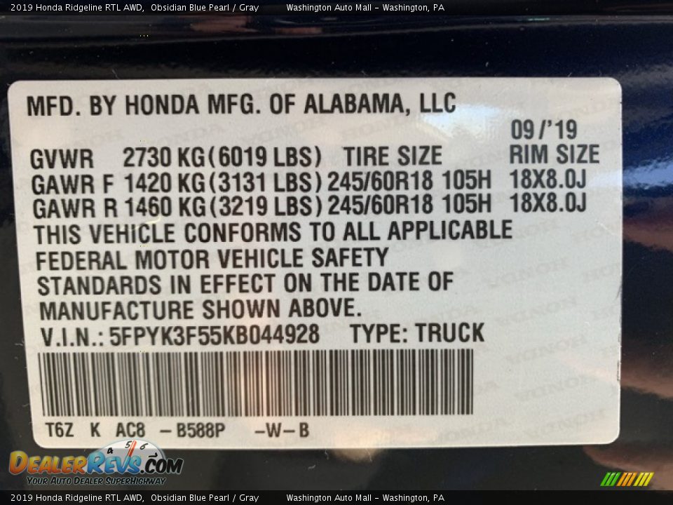 2019 Honda Ridgeline RTL AWD Obsidian Blue Pearl / Gray Photo #9