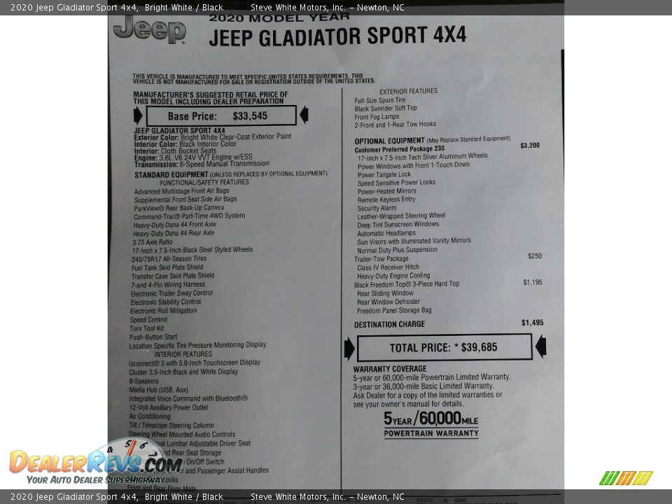 2020 Jeep Gladiator Sport 4x4 Bright White / Black Photo #30