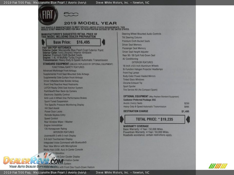 2019 Fiat 500 Pop Mezzanotte Blue Pearl / Avorio (Ivory) Photo #28