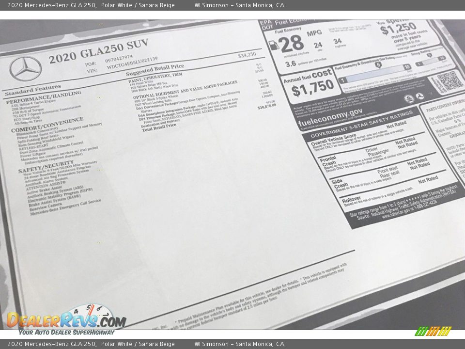 2020 Mercedes-Benz GLA 250 Polar White / Sahara Beige Photo #10