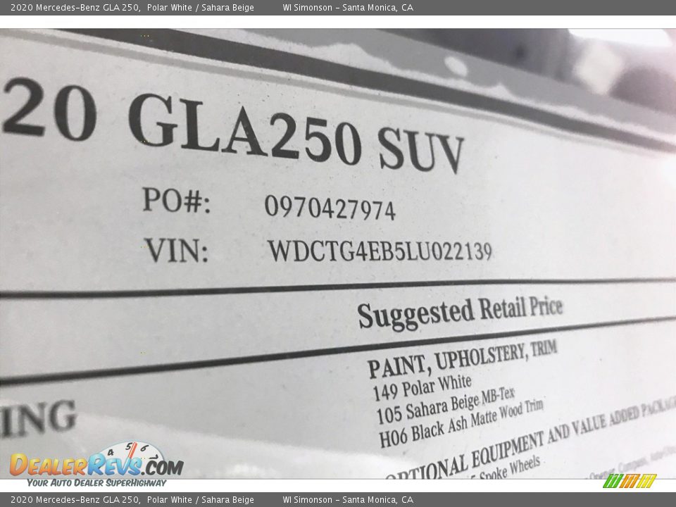 2020 Mercedes-Benz GLA 250 Polar White / Sahara Beige Photo #11