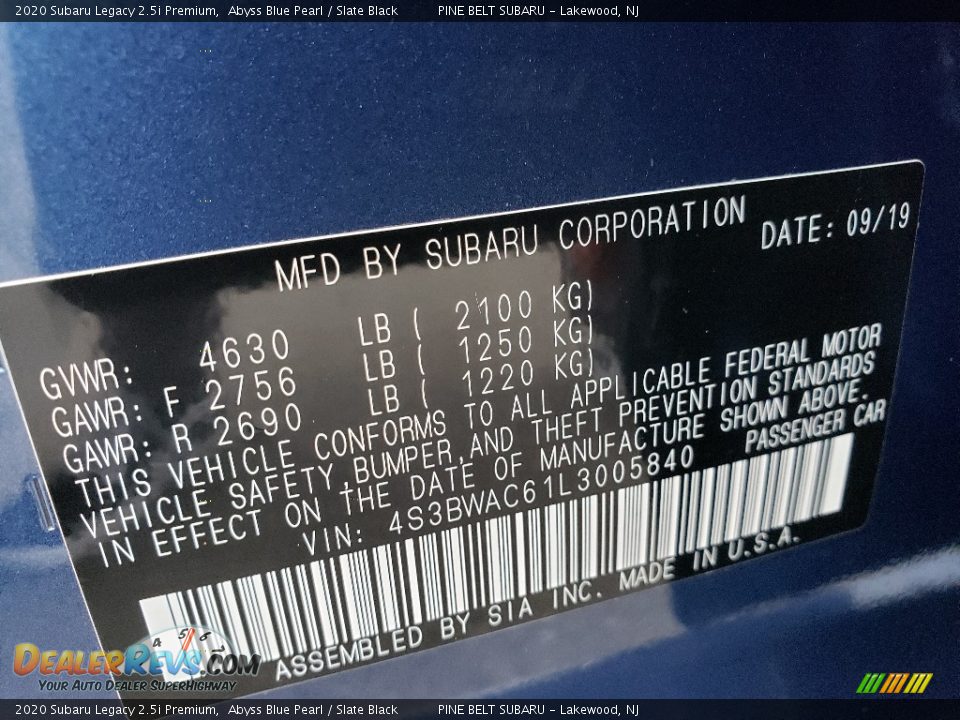 2020 Subaru Legacy 2.5i Premium Abyss Blue Pearl / Slate Black Photo #9