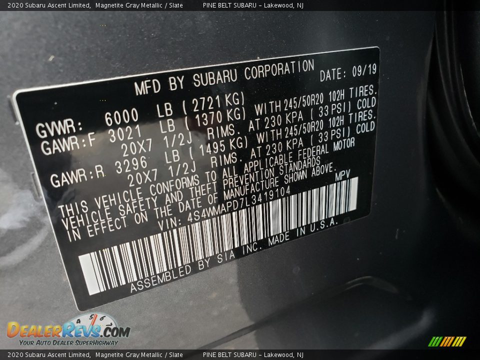2020 Subaru Ascent Limited Magnetite Gray Metallic / Slate Photo #9