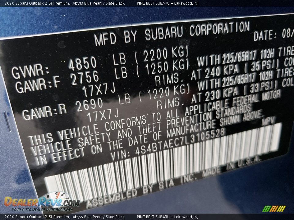 2020 Subaru Outback 2.5i Premium Abyss Blue Pearl / Slate Black Photo #9