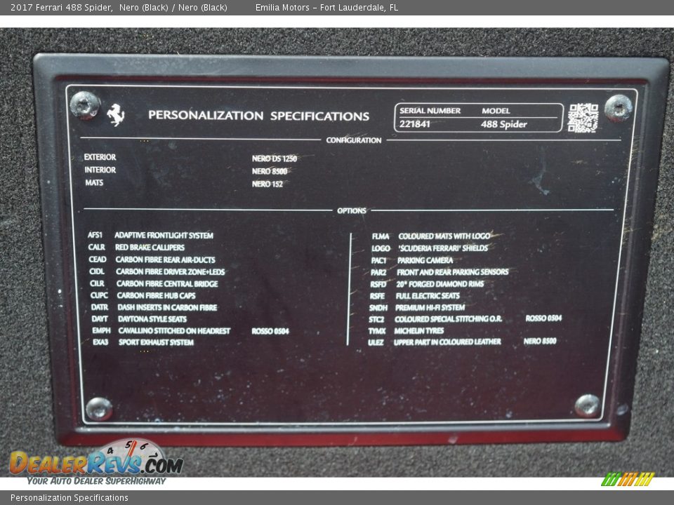 Personalization Specifications - 2017 Ferrari 488 Spider