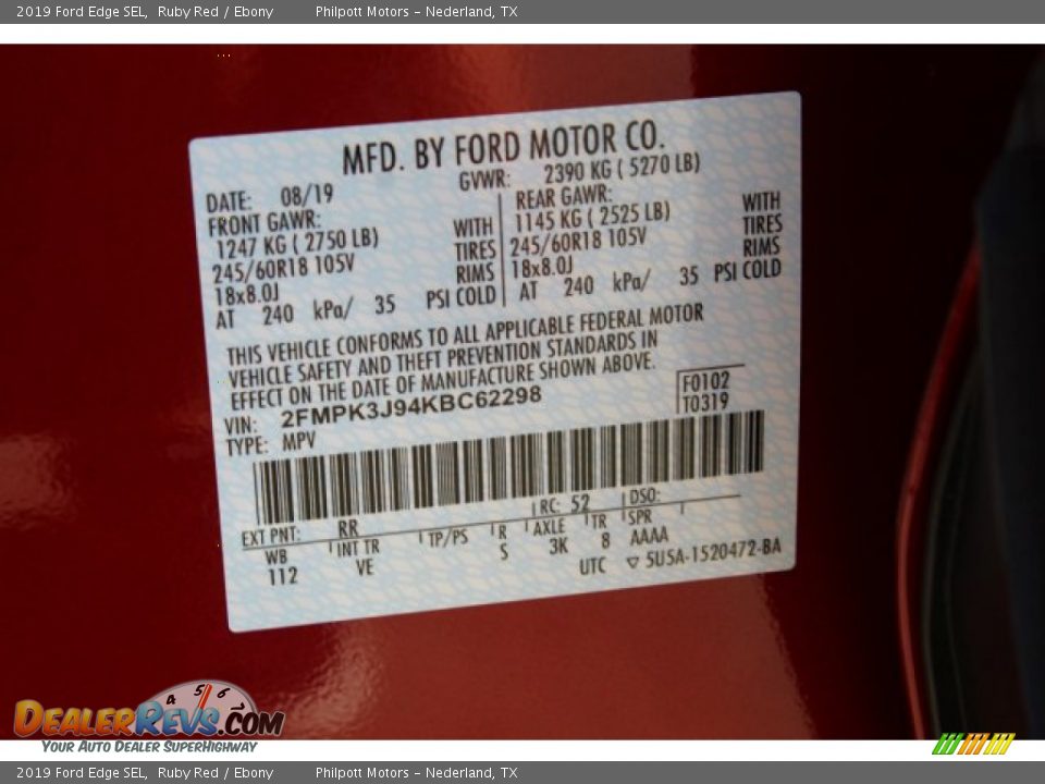 2019 Ford Edge SEL Ruby Red / Ebony Photo #27