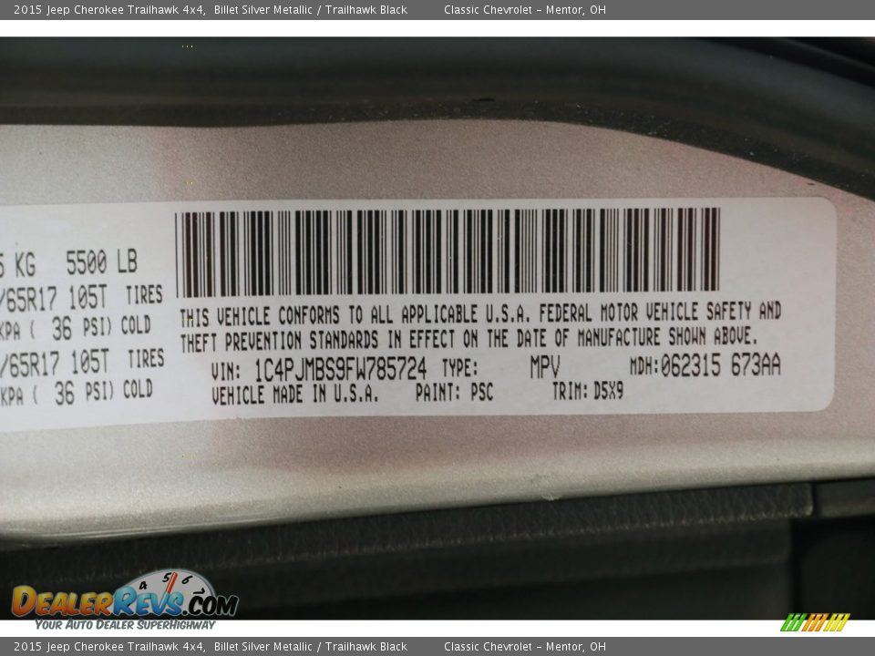 2015 Jeep Cherokee Trailhawk 4x4 Billet Silver Metallic / Trailhawk Black Photo #23