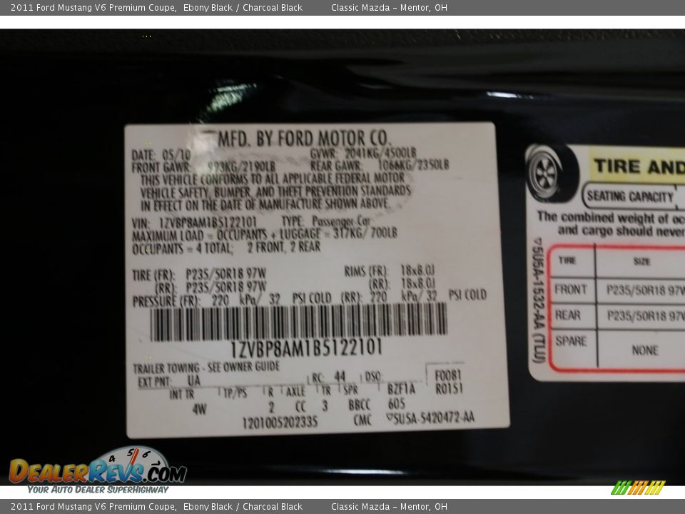 2011 Ford Mustang V6 Premium Coupe Ebony Black / Charcoal Black Photo #19