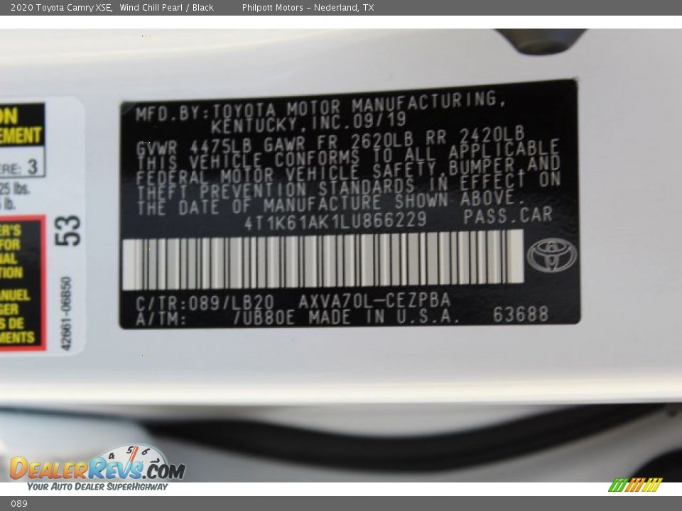 Toyota Color Code 089 Wind Chill Pearl