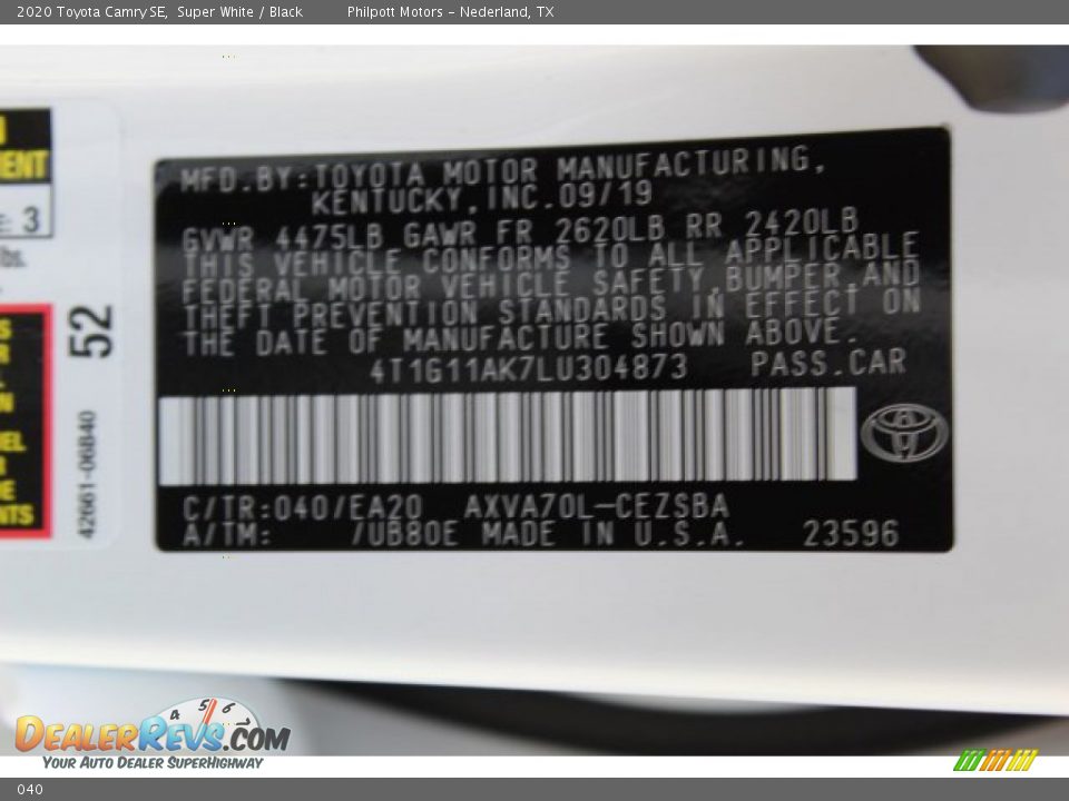 Toyota Color Code 040 Super White