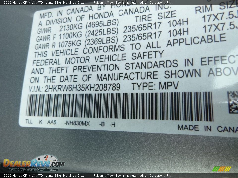 2019 Honda CR-V LX AWD Lunar Silver Metallic / Gray Photo #11