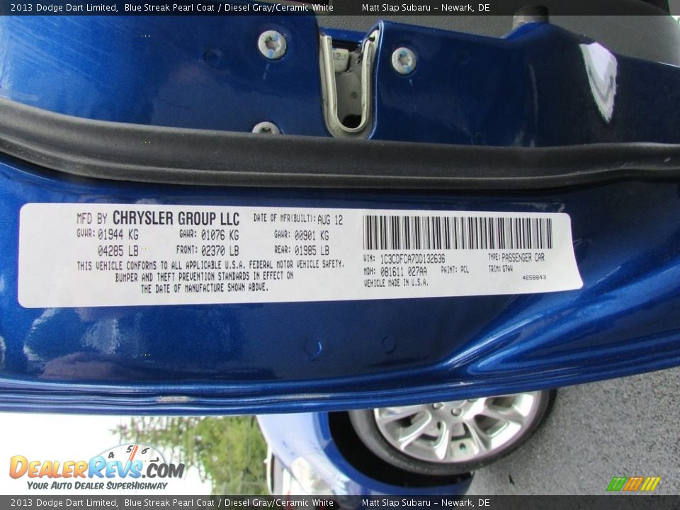2013 Dodge Dart Limited Blue Streak Pearl Coat / Diesel Gray/Ceramic White Photo #30