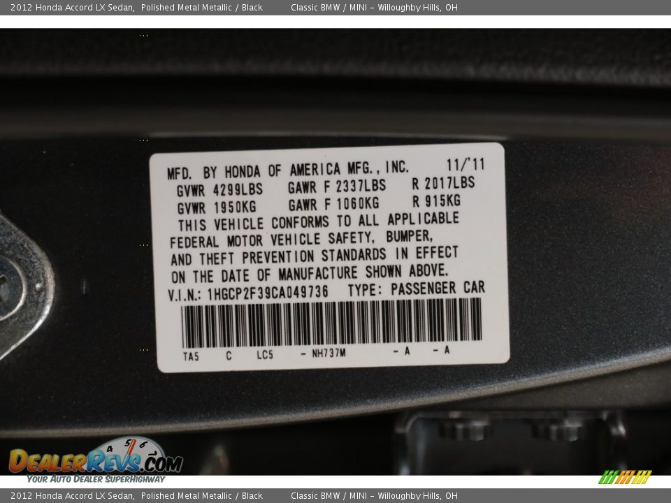 2012 Honda Accord LX Sedan Polished Metal Metallic / Black Photo #18