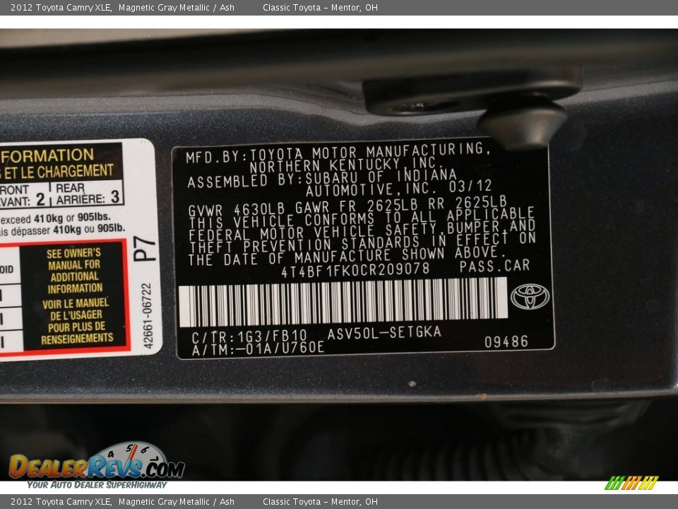 2012 Toyota Camry XLE Magnetic Gray Metallic / Ash Photo #21