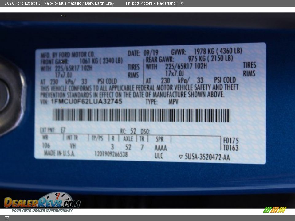 Ford Color Code E7 Velocity Blue Metallic