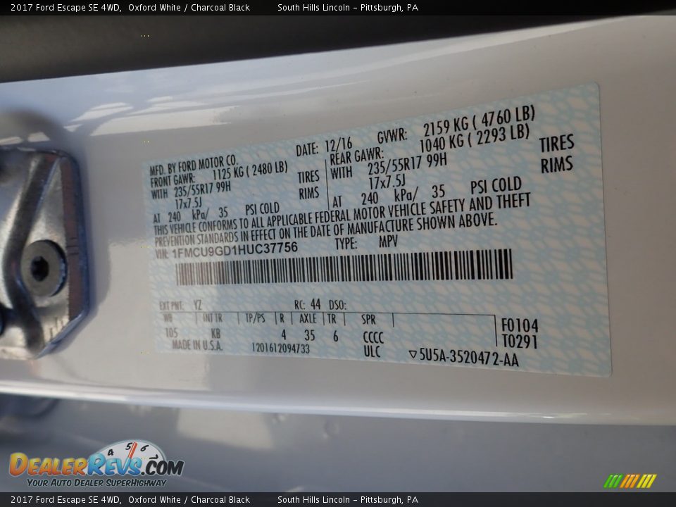 2017 Ford Escape SE 4WD Oxford White / Charcoal Black Photo #23