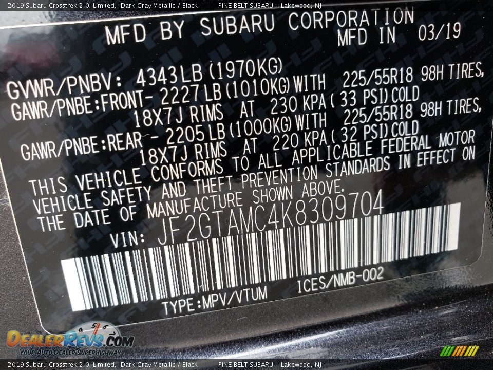 2019 Subaru Crosstrek 2.0i Limited Dark Gray Metallic / Black Photo #31