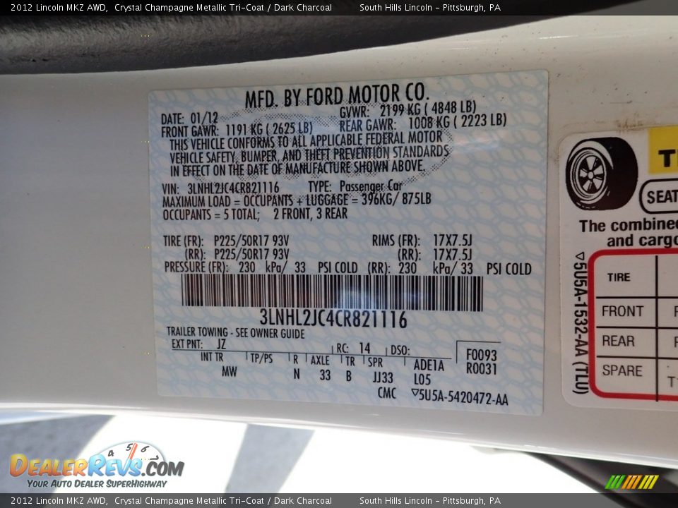 2012 Lincoln MKZ AWD Crystal Champagne Metallic Tri-Coat / Dark Charcoal Photo #23