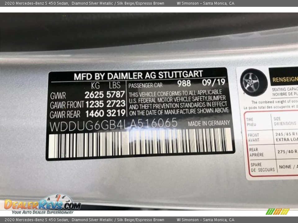 2020 Mercedes-Benz S 450 Sedan Diamond Silver Metallic / Silk Beige/Espresso Brown Photo #11