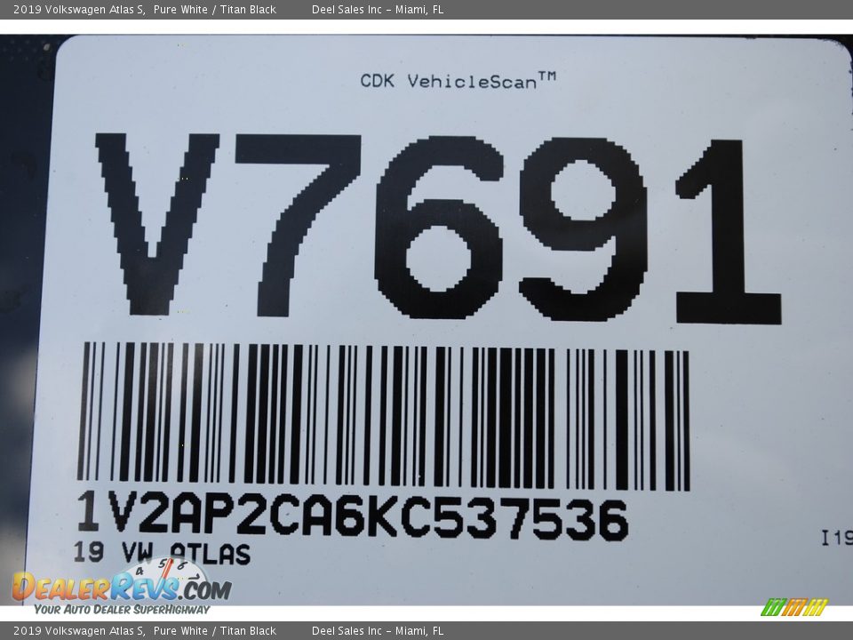 2019 Volkswagen Atlas S Pure White / Titan Black Photo #20