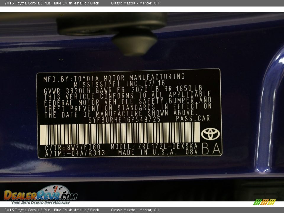 2016 Toyota Corolla S Plus Blue Crush Metallic / Black Photo #19