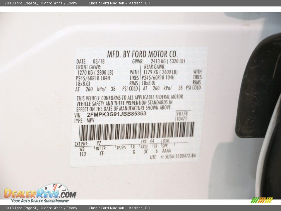 2018 Ford Edge SE Oxford White / Ebony Photo #15
