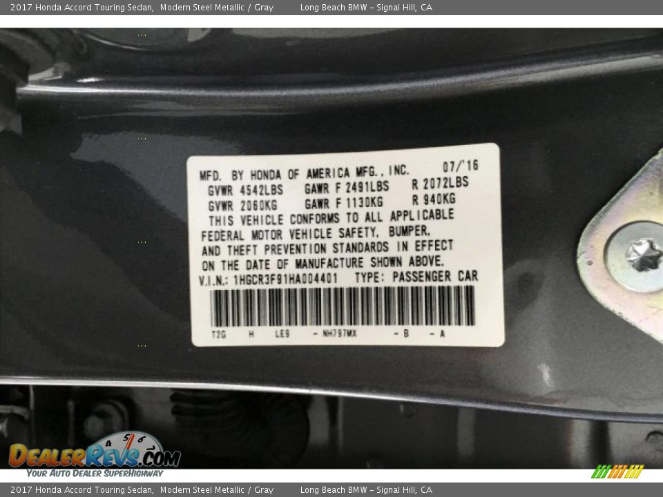 2017 Honda Accord Touring Sedan Modern Steel Metallic / Gray Photo #19