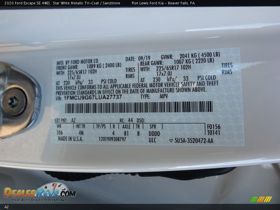 Ford Color Code AZ Star White Metallic Tri-Coat