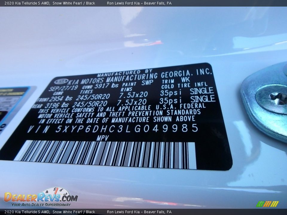2020 Kia Telluride S AWD Snow White Pearl / Black Photo #11